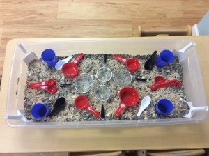 I bought materials and equipped each classroom with a dry goods sensory bin.